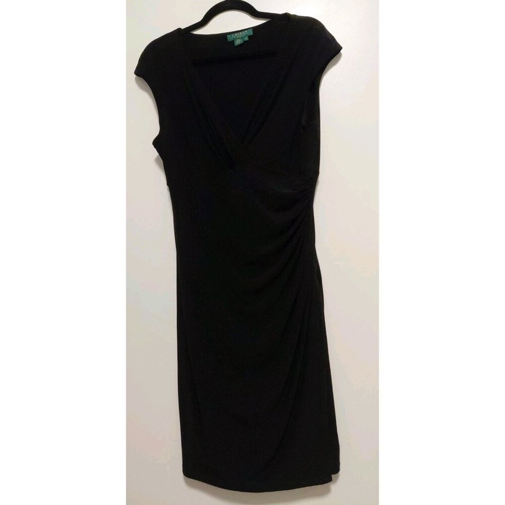 Lauren Ralph Lauren Dress Surplice Neck Ruched Cap Sleeves Stretch Size 14 Black